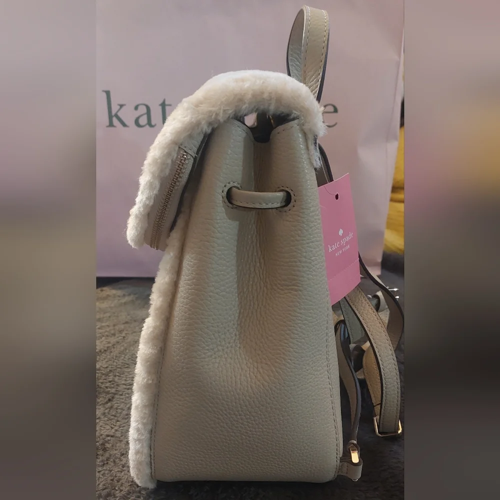 Kate Spade Leila Leather Medium Flap Backpack Faux Shearling in Light Sand
